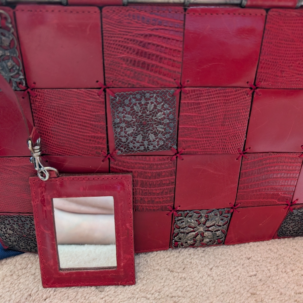Chic Red Patchwork Handbag With Mirror - image 1
